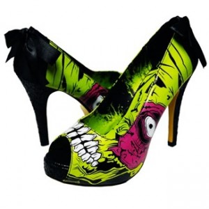 I want these Zombie Stomper Heels so bad I could spit. Too bad they have 4 1/2 inch heels, which I'm just not woman enough to do for more that five -- maybe ten minutes. Here's hoping that they come out with wedge, pumps or flats version of this design. Click on the pic for more info.