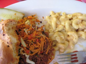 Veggie Sloppy Joe with Macaroni & Cheeze. I can't believe it's delicious!